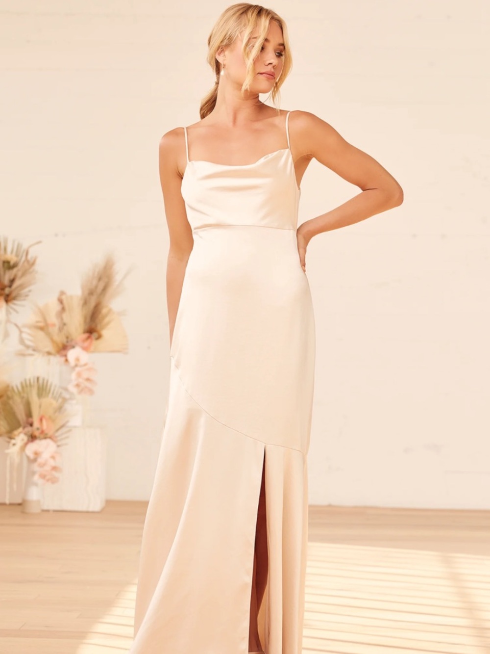 Lulus Moment in the Spotlight Champagne Satin Cowl Neck Maxi Dress Small